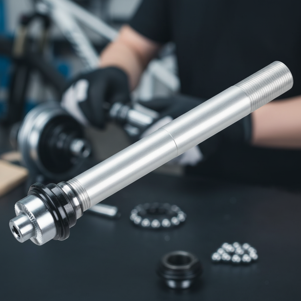 Shimano Deore XT Hohlachse FH-M785, Hinterradnaben-Ersatzachse, auf Werkbank mit Fahrradteilen.