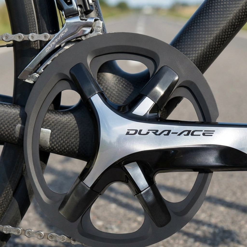 Schwarzes TA Kettenblatt X110 Cover Kit für Shimano Dura Ace 9000 an Rennrad-Kurbel.