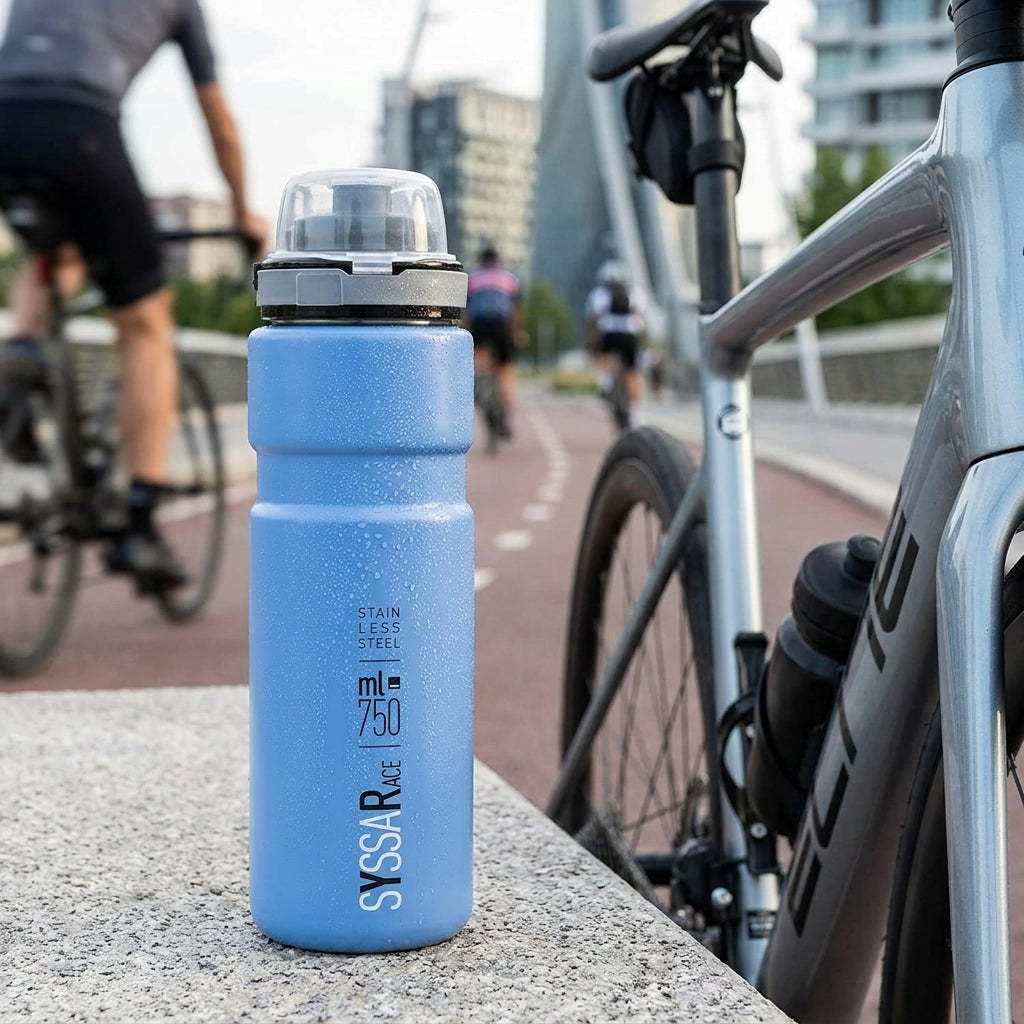 Robuste ELITE Syssa Race Edelstahl-Trinkflasche 750ml hellblau matt mit Wassertropfen auf Radtour.
