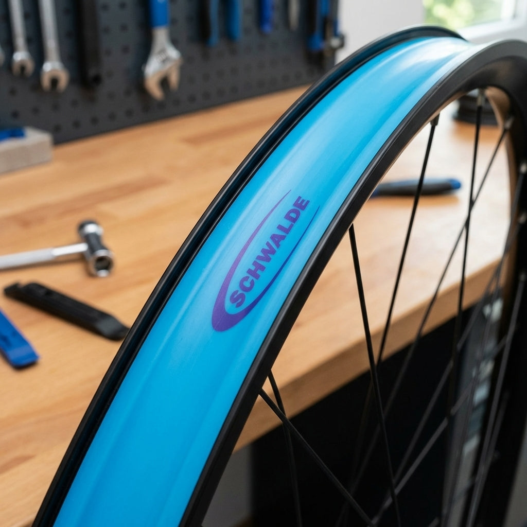 Schwalbe Hochdruck-Felgenband PU Super HP 38-584 blau auf 27,5 Zoll Fahrradfelge in Werkstatt.