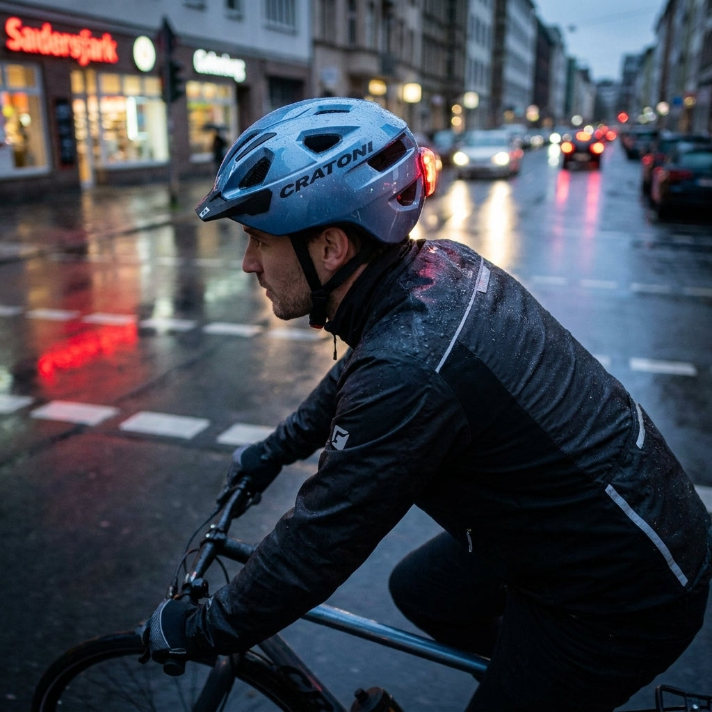 Cratoni C-Swift City Fahrradhelm blau metallic glänzend. Urbaner Stil, Sicherheit und Komfort für Pendler. Rücklicht.