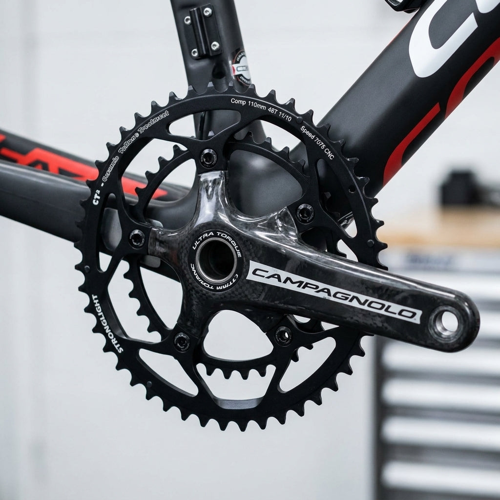 Schwarzes Stronglight CT2 Kettenblatt (34Z, 110mm LK) an Campagnolo Kurbel eines Rennrads.