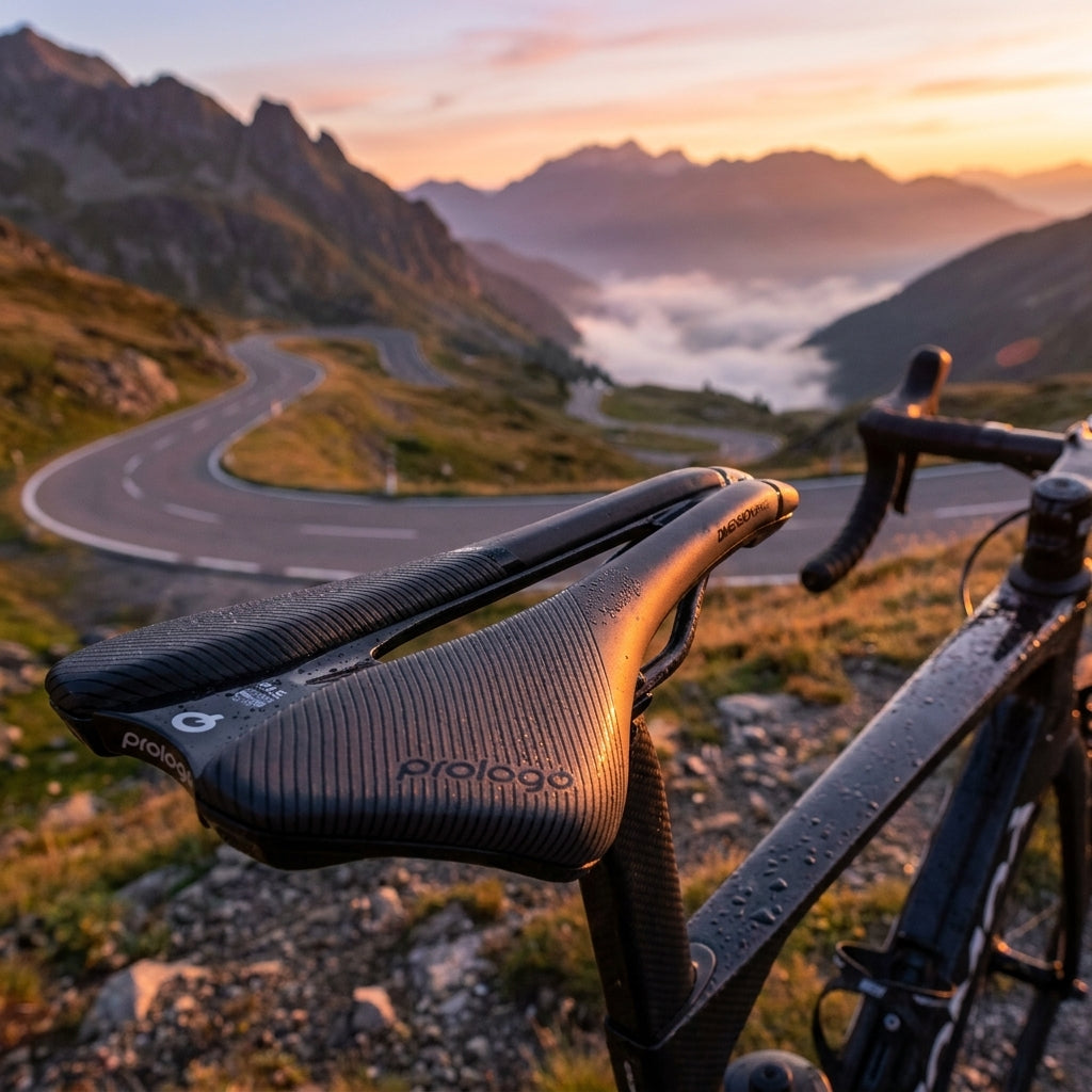 Prologo Dimension Space Fahrradsattel anthrazit/schwarz mit Tautropfen auf Bike, kurvige Bergstraße bei Sonnenaufgang.