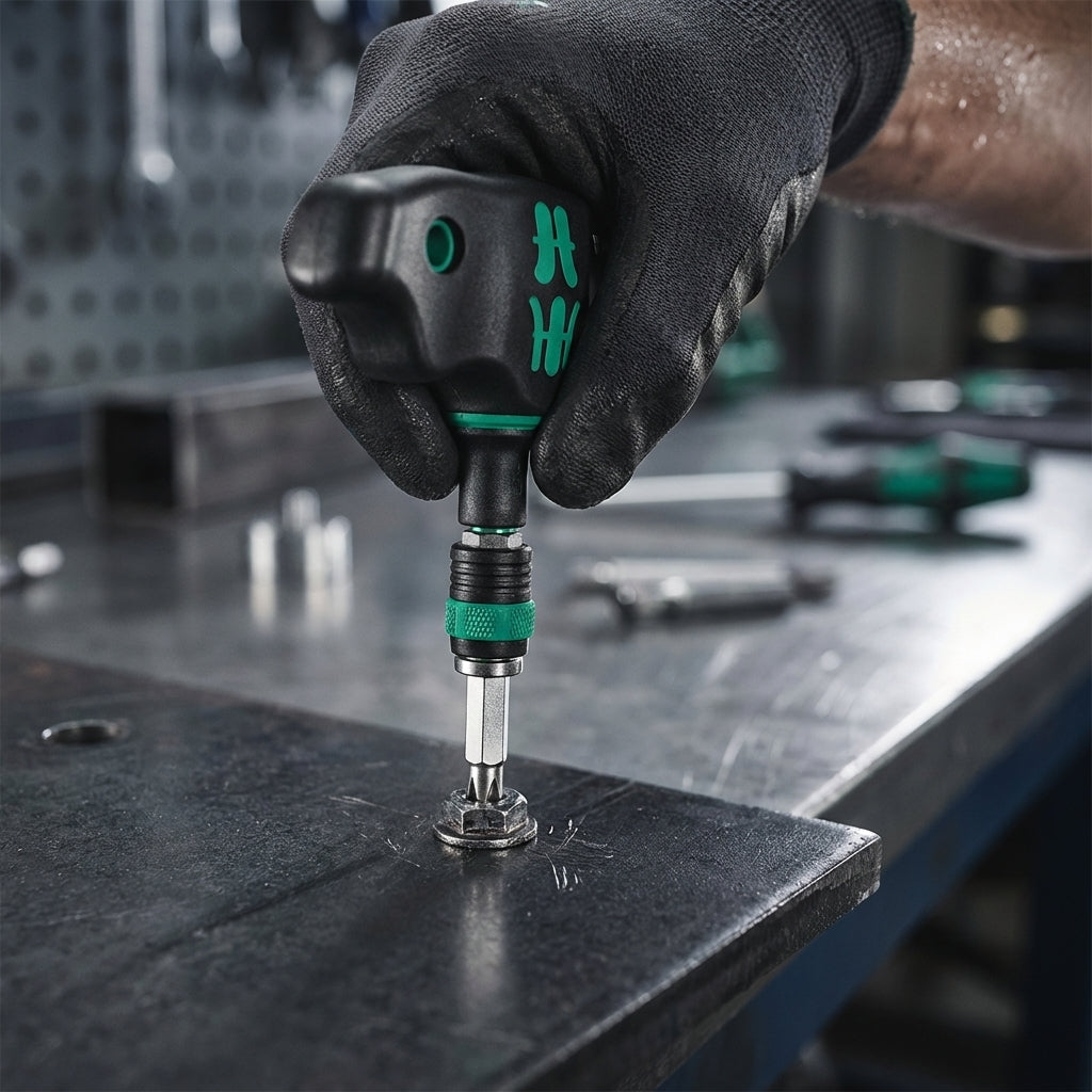 Wera Kraftform Kompakt 400 Quergriff-Schraubendreher Set beim Schrauben auf Metall in einer Werkstatt.