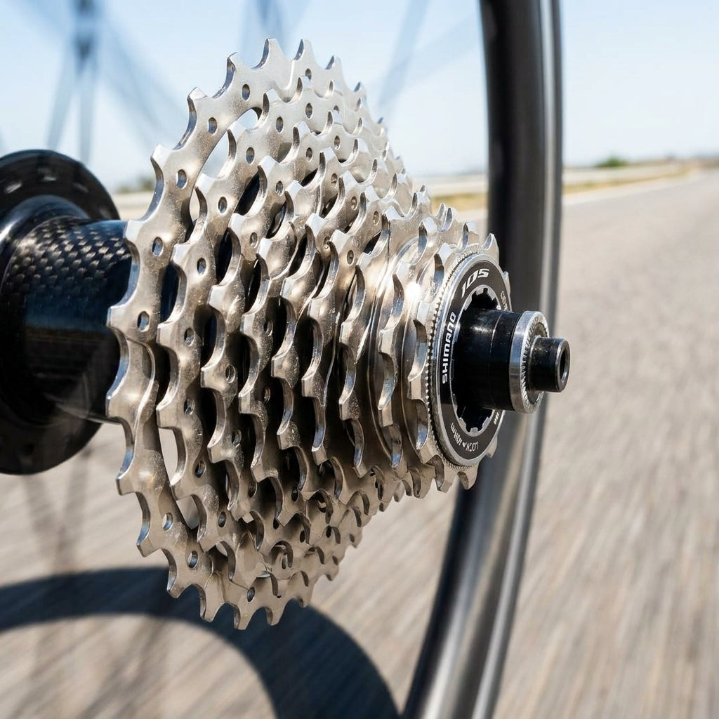 SHIMANO 105 CS-R7000 11-fach Kassette 11-28, silber, am Fahrrad-Hinterrad montiert.
