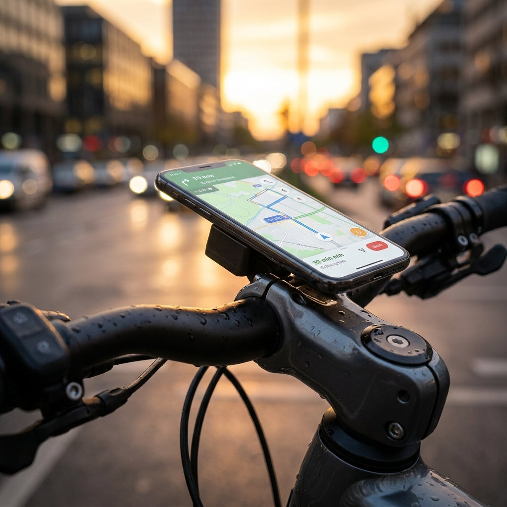Ergotec SP-Connect Adapter schwarz am Fahrradlenker mit Smartphone Navigation.