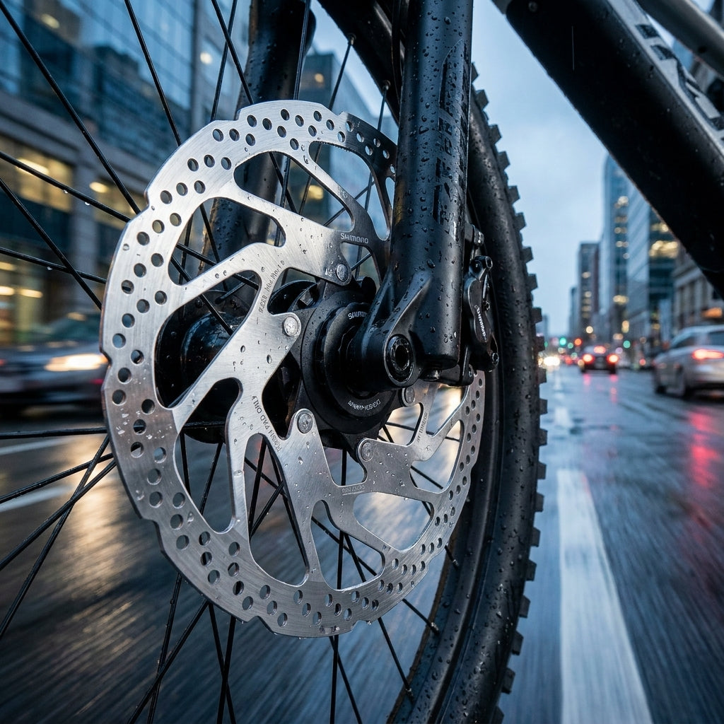 SHIMANO Bremsscheibe RT-EM300 180mm mit Geschwindigkeitssensor am Fahrrad auf nasser Straße in der Stadt.
