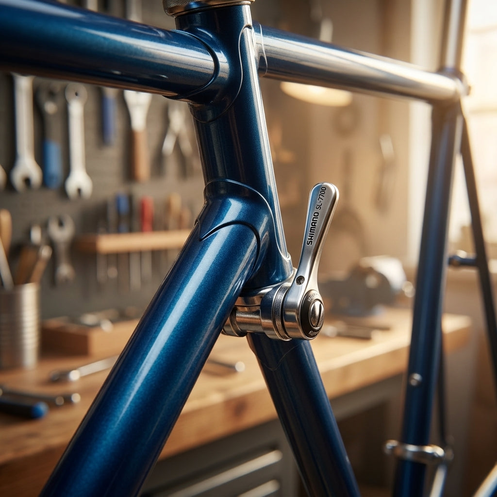SHIMANO SL-7700 Adapter für Stahlrahmen, montiert an blauem Fahrradrahmen in einer Werkstatt.