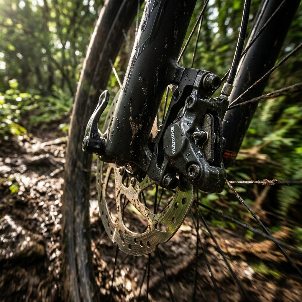 Schlammige Shimano Scheibenbremse am Mountainbike auf Waldweg, perfekt für D03S organische Bremsbeläge.
