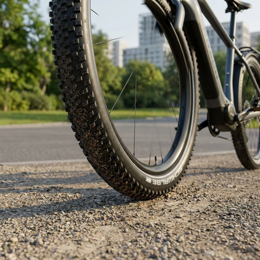 Leiser, schwarzer Schwalbe Advancer Hybrid SUV-Fahrradreifen auf Schotterweg, bereit für die Fahrt.
