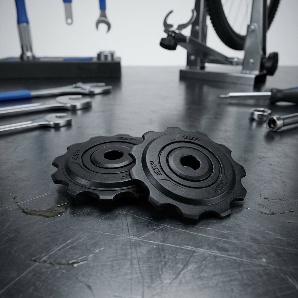 SRAM X.9 9-fach Schaltrollen-Set auf Werkbank mit Werkzeug. Präzise Fahrrad-Schaltperformance.