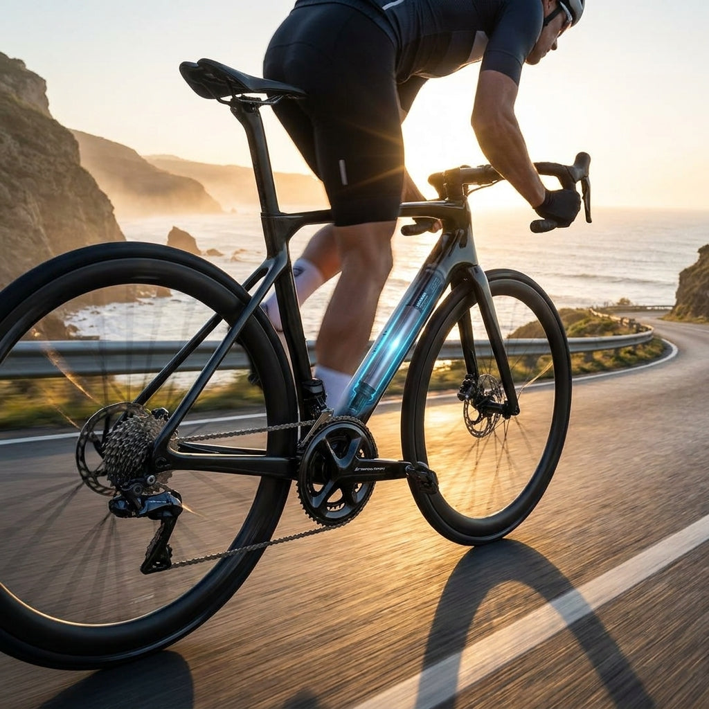 SHIMANO Akku BT-DN300 Di2 intern 12-fach in Rennrad bei Sonnenuntergang, leuchtet blau.