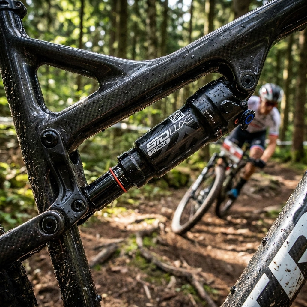 Schwarzer Rockshox SIDLuxe Ultimate Remote Dämpfer an Carbon-Mountainbike im Wald mit Biker.