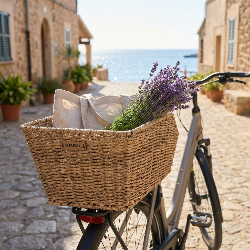 Basil Hinterradkorb Cento Rattan Look seegras 47x34x22 cm auf Fahrrad mit Lavendel am Meer.