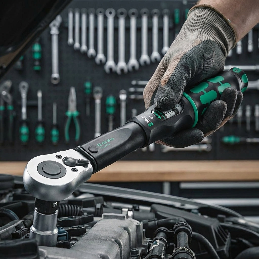 Wera Click-Torque B 1 Drehmomentschlüssel 10-50 Nm mit Umschaltknarre 3/8" in Anwendung am Motor.
