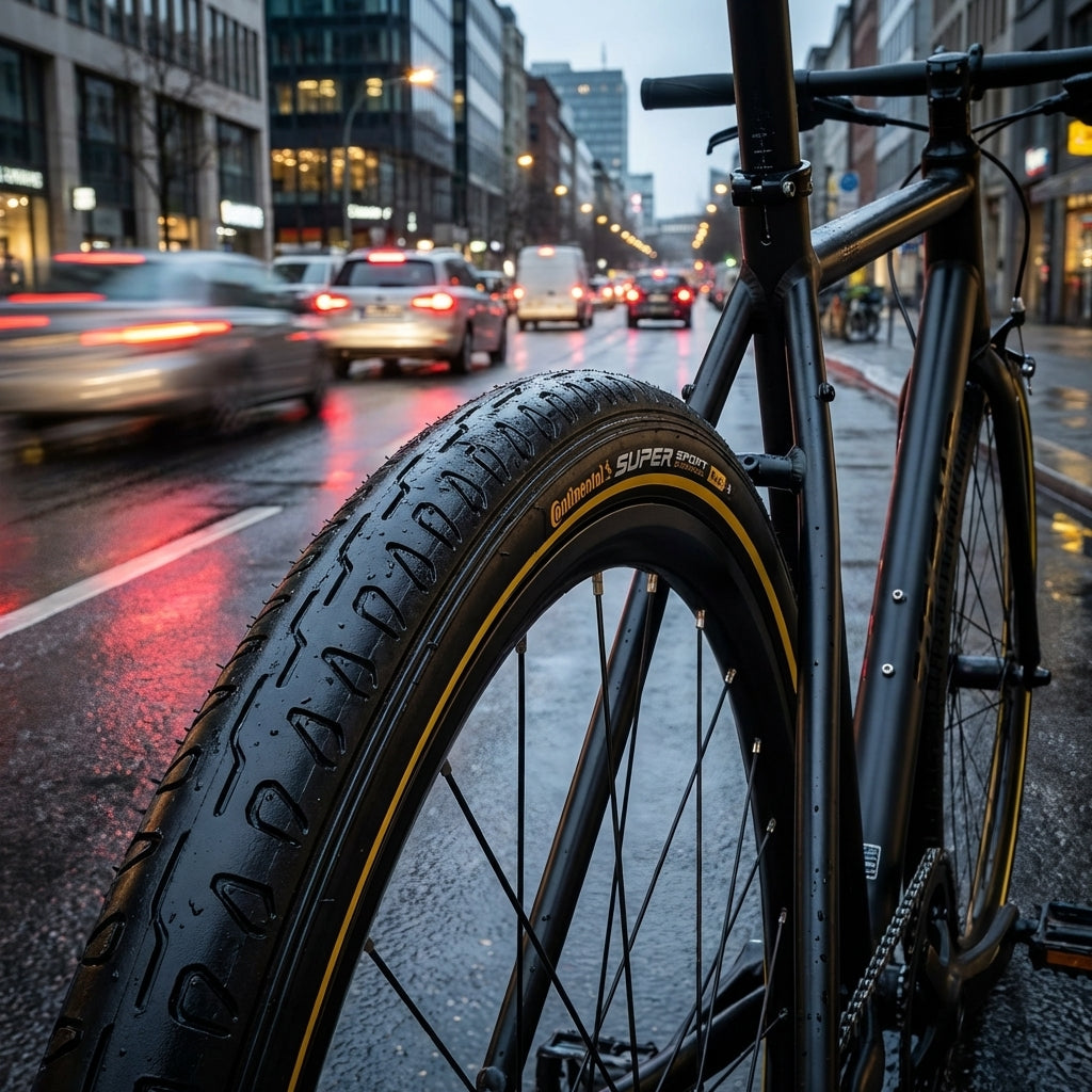 Continental Super Sport Plus Faltreifen 28 Zoll, schwarz, am Fahrrad auf nasser Straße in der Stadt.