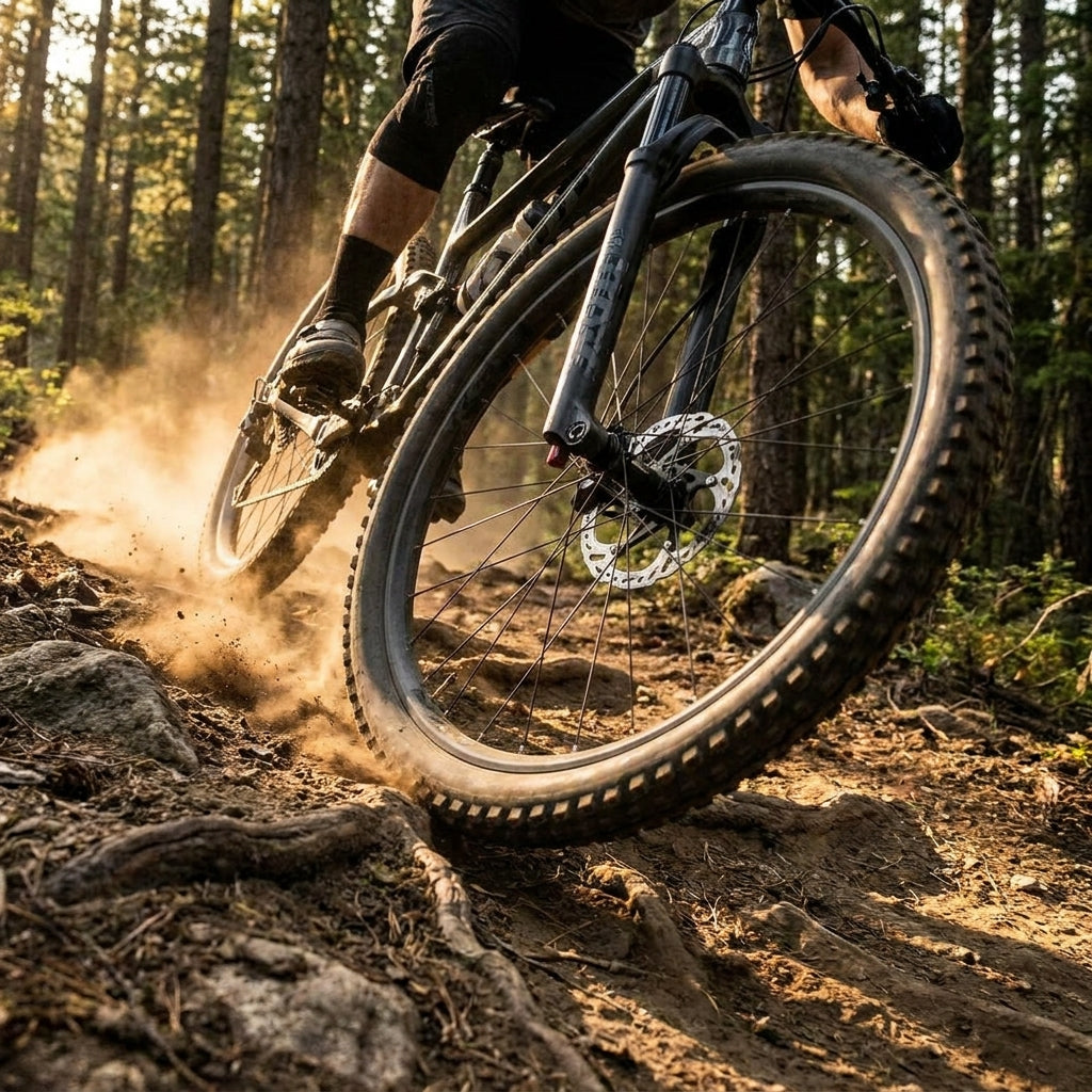 Mountainbike mit SHIMANO DEORE BR-M6120 4-Kolben Bremssattel in Aktion auf staubigem Waldtrail.