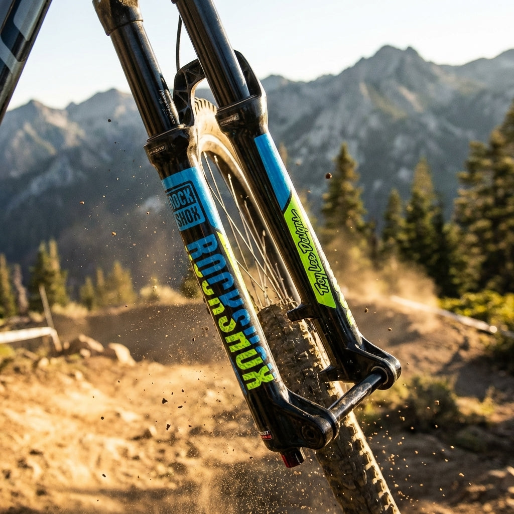 Rockshox Dekor Kit Troy Lee Designs an Federgabeln eines Mountainbikes auf einem schmutzigen Trail mit Bergen.