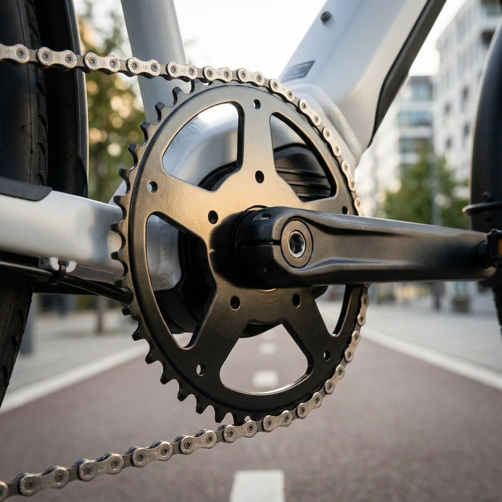 Shimano E-Bike Kettenblatt 44Z Steps FC-E6000 SM-CRE60 für effiziente Antriebs-Performance, nahaufnahme am Fahrrad.