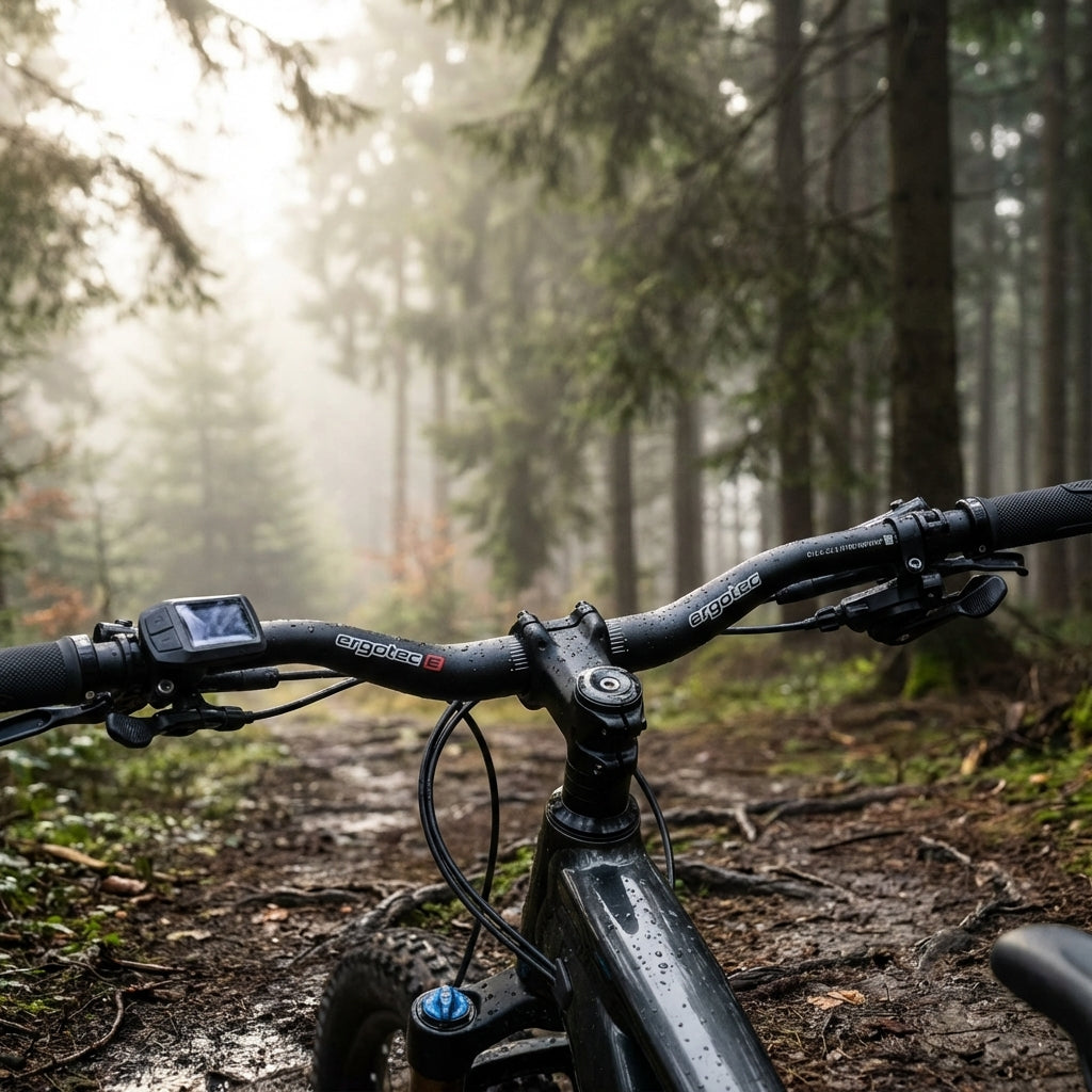Ergotec Lenkerbügel Riser-Bar schwarz matt auf E-Mountainbike im nebligen Waldweg.