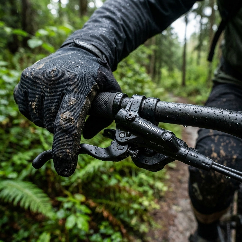 Fahrerhand mit SHIMANO Bremshebel am MTB im nassen Wald, zuverlässige Kontrolle für Mountainbike und Trekking.