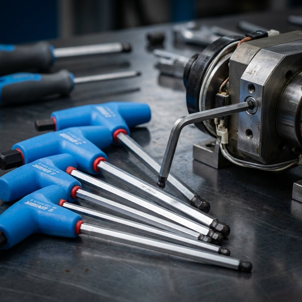 Unior 7-teiliges T-Griff Innensechskantschlüssel-Set mit Kugelkopf (2,5-10 mm) für präzises Arbeiten am Werkstück.