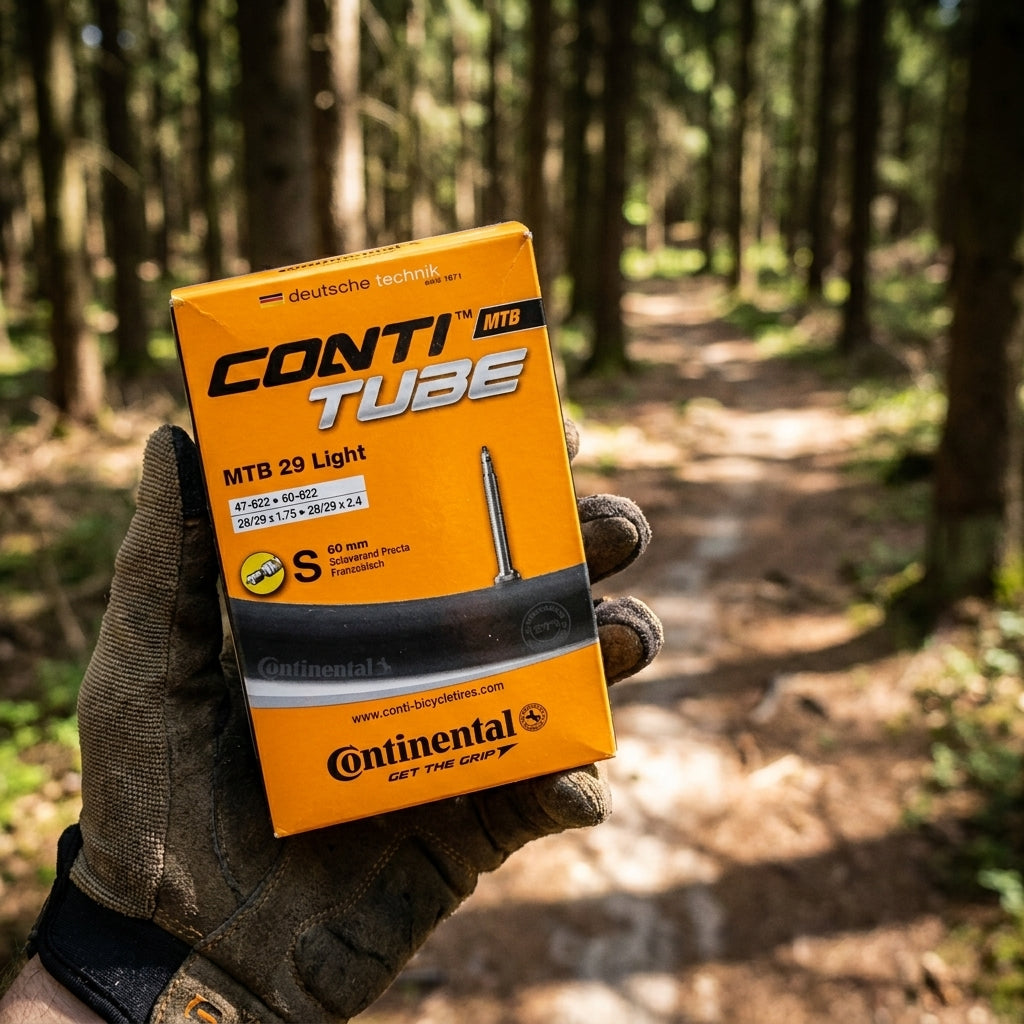 Continental Conti Tube MTB 29 Light Schlauch 47/60-622 SV 60mm in Hand im Wald.