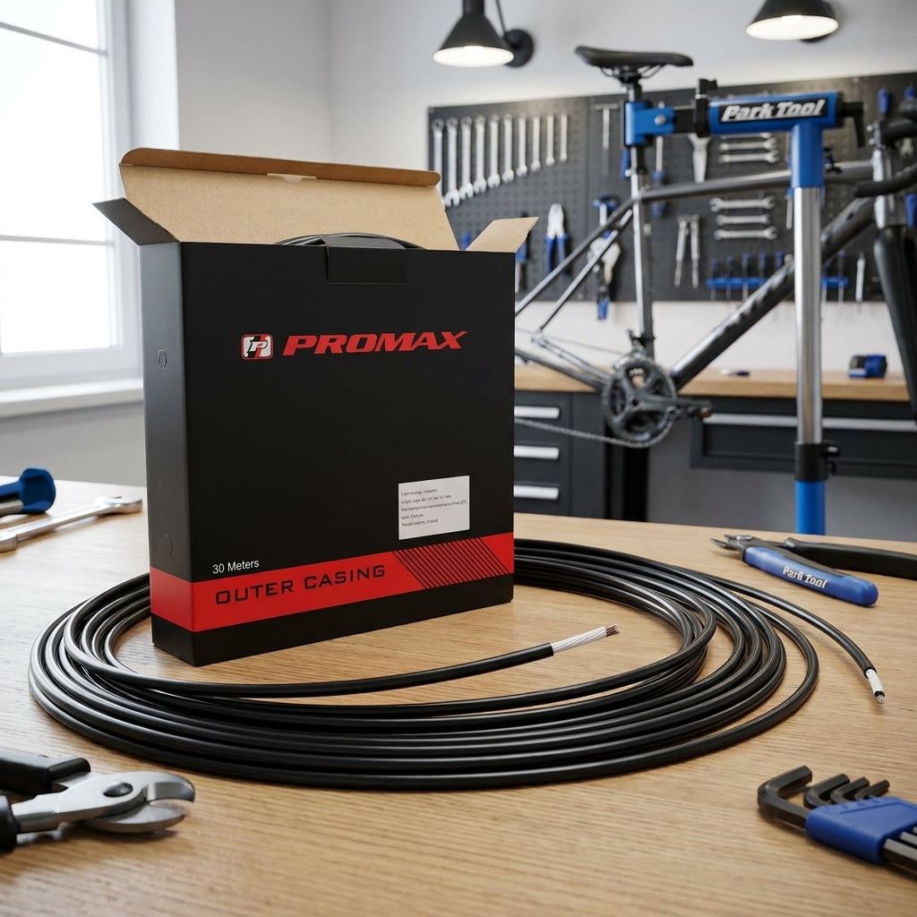 PROMAX Schalthüllenbox schwarz 30m mit PE-Gleithülle SP-40 auf Holztisch in Fahrradwerkstatt.