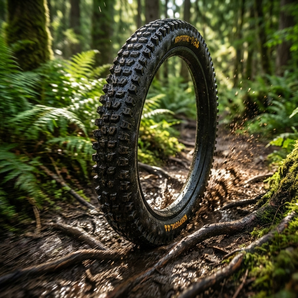 Continental Kryptotal-R Enduro 29 Zoll schwarzer Fahrradreifen auf matschigem Waldpfad, Dreck spritzt.