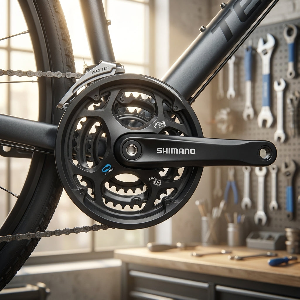 SHIMANO ALTUS FC-M311 Kurbelgarnitur 7/8-fach 42-32-22 Zähne am Fahrrad in Werkstatt.