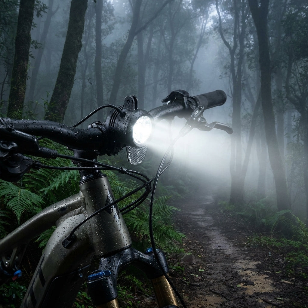 Litemove SC-150 E-Bike Scheinwerfer, oben montiert, leuchtet auf nebeligem Waldweg.