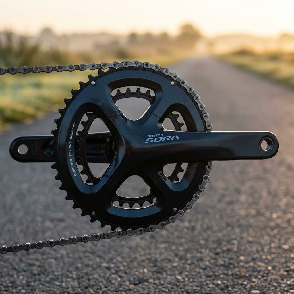 Schwarzes Shimano Sora FC-R3000 Kettenblatt mit 34 Zähnen aus Stahl und 110 mm Lochkreis an einer Fahrradkurbel.