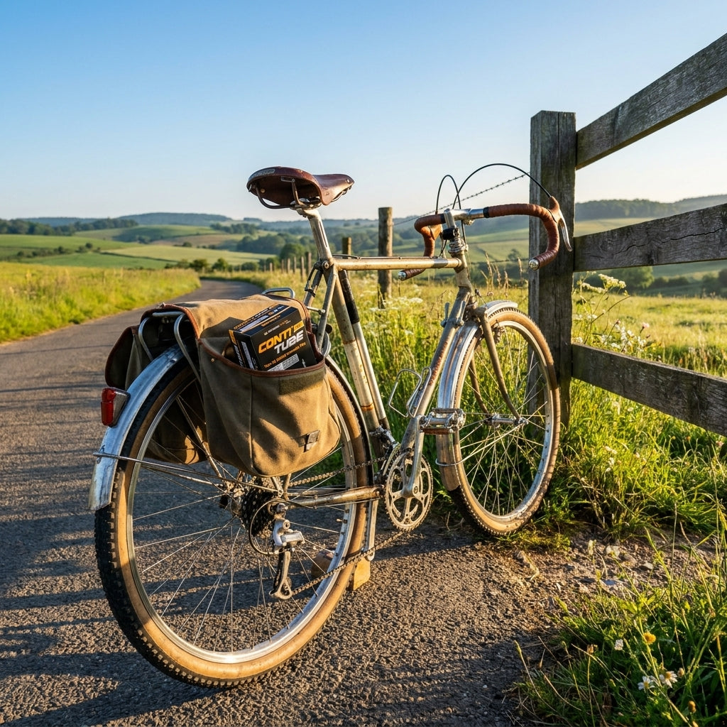 Continental Schlauch Conti Tour 26 im Packtaschen-Fahrrad auf sonniger Landstraße mit grünen Hügeln.