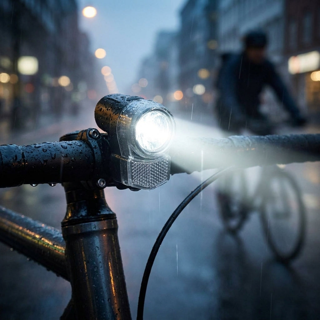 Büchel Batterie-Scheinwerfer Nightlite (10/25 Lux) am Fahrrad, leuchtet hell durch den Regen auf der Straße.