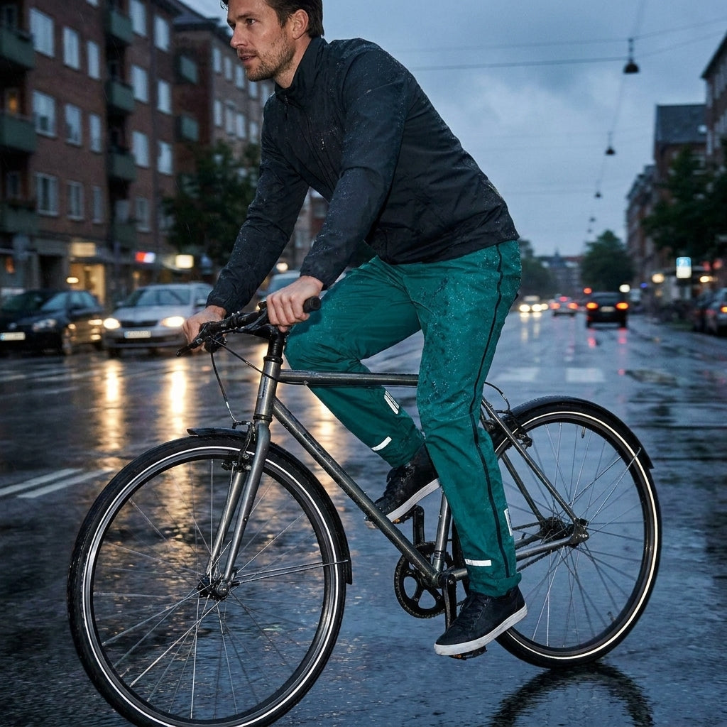 Basil Fahrrad Regenhose Skane Herren teal green, XXLong, an Radfahrer auf nasser Straße bei Regen.