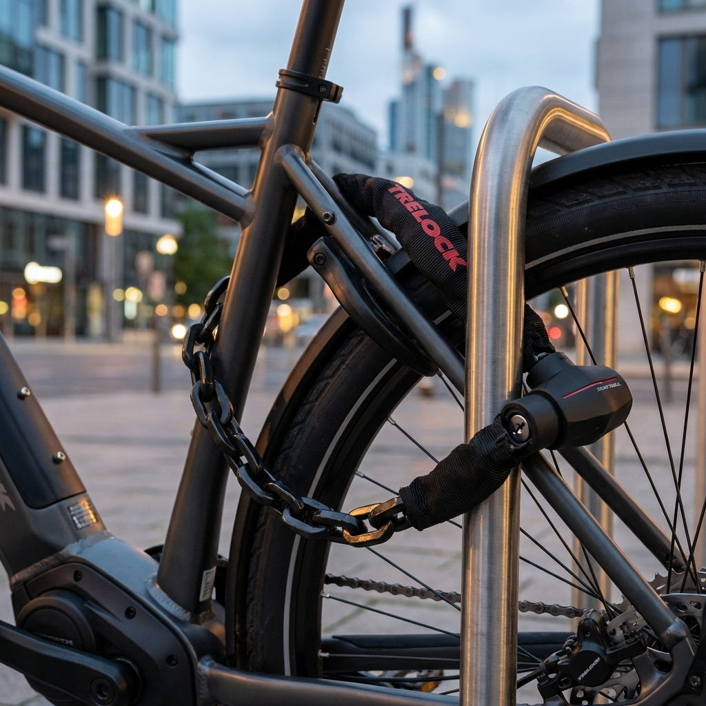Trelock Kettenschloss BC 580/110/9 sichert ein E-Bike an einem Fahrradständer in urbaner Umgebung.