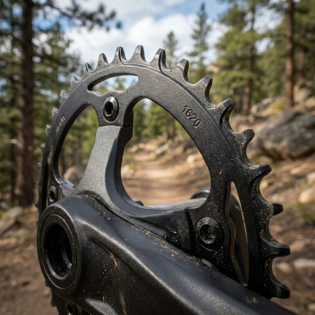 Truvativ Kettenblatt 38 Zähne Stahl schwarz für Mountainbike & Trekking auf Waldweg.