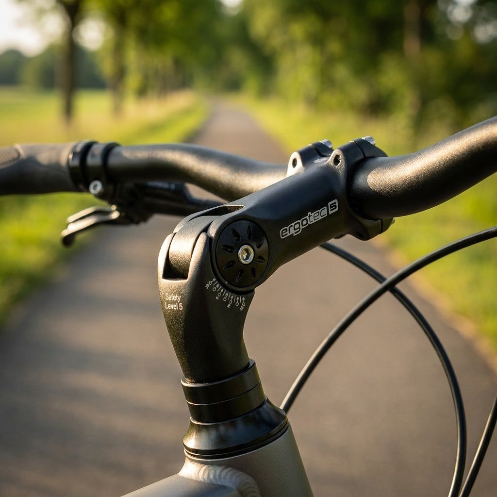 Schwarzer, verstellbarer Ergotec Octopus XL SL Vorbau am Fahrradlenker.