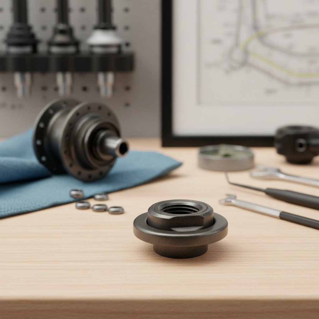 SHIMANO Ersatzkonus HB-T300/M300/M330/MC12/M290 für Vorderradnaben auf Werkbank mit Werkzeug.