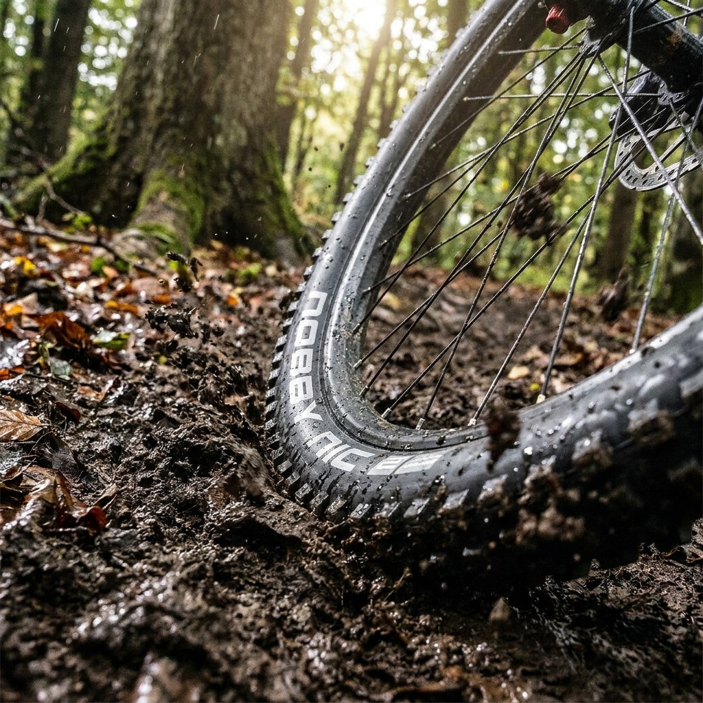 Schwalbe Nobby Nic MTB Reifen 27.5 im Matsch, vielseitig für Trail und All-Mountain Fahrten.