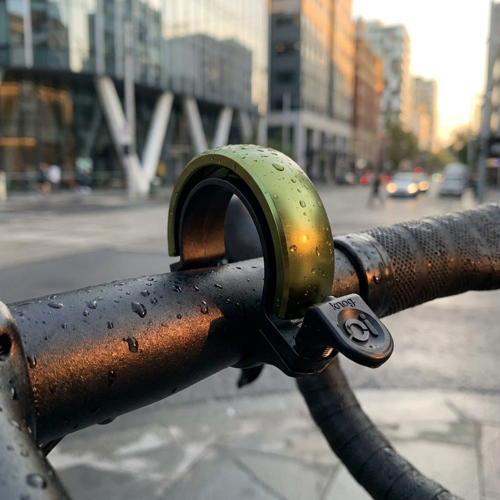 Knog Oi Classic Fahrradklingel schwarz olive am Lenker. Elegante, ringförmige E-Bike Klingel mit 85 dB Lautstärke.