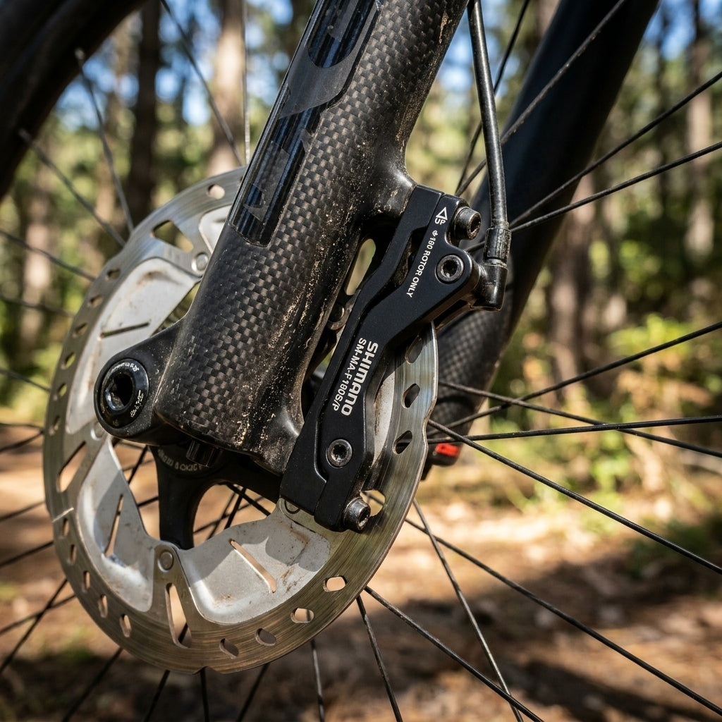 Shimano Scheibenbremsadapter vorne 180mm an Carbon-Fahrradgabel mit Bremsscheibe.