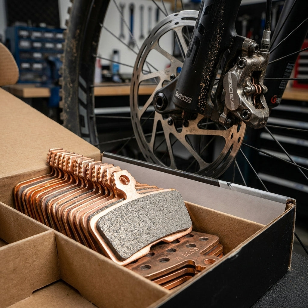 SRAM AVID Code Scheibenbremsbeläge gesintert in 20er Werkstattpackung neben Mountainbike-Bremse und Rad.