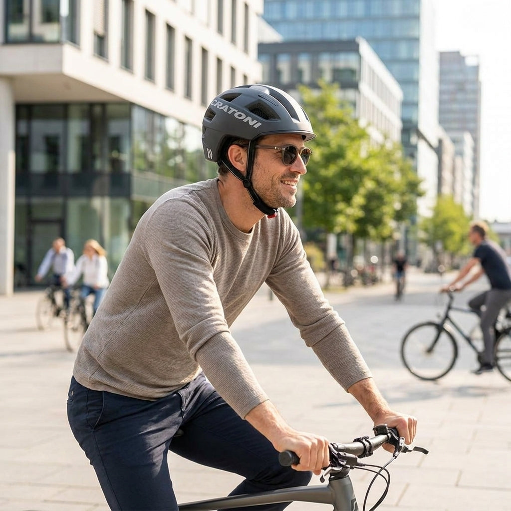 Cratoni Helm C-Pure City schwarz matt getragen von Mann beim Radfahren in der Stadt.