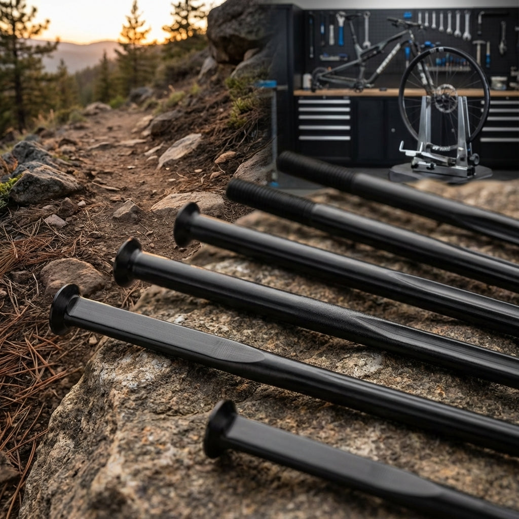 Schwarze DT Swiss Complite 288mm Fahrradspeichen, teils Aero, auf Felsen, im Hintergrund Bike-Werkstatt und Trail.
