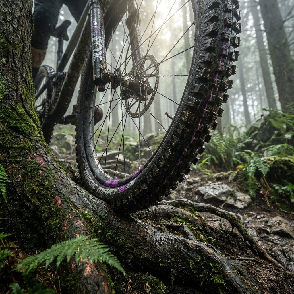 Schwalbe Magic Mary Faltreifen 29x2.40 im Offroad-Einsatz auf nassem Waldboden, schwarz, lila Akzente, grobes Profil.