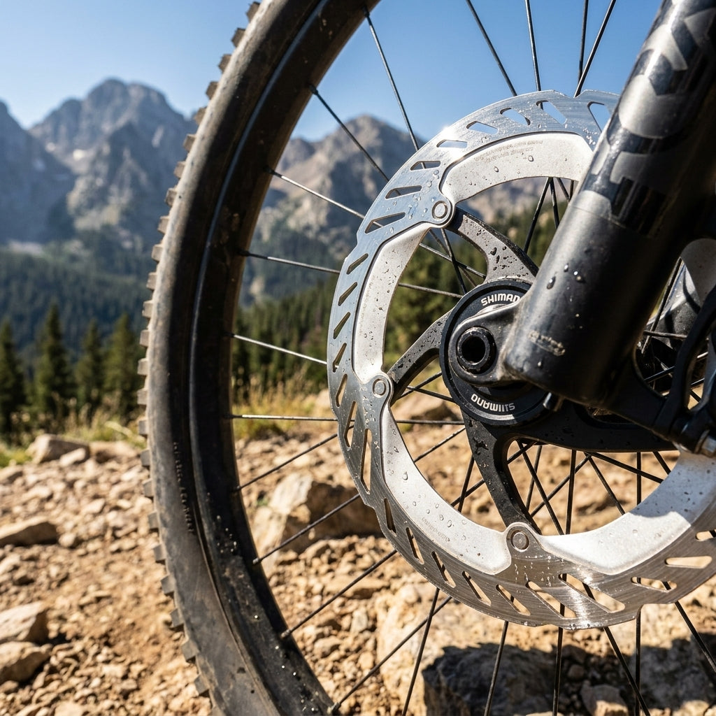 SHIMANO Bremsscheibe RT-CL800 203mm am Mountainbike, nass, mit Bergblick im Hintergrund.