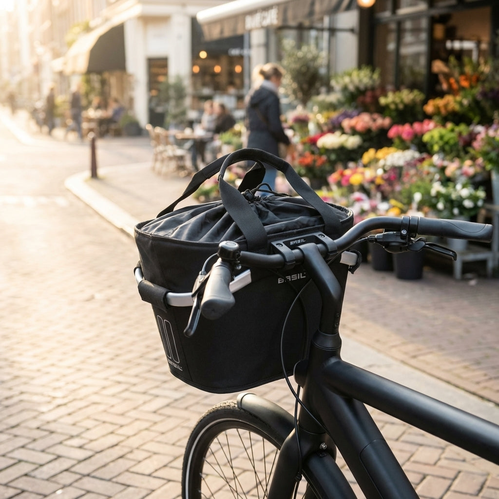 Schwarze Basil City Tasche Classic CarryAll Front abnehmbar am Fahrradlenker in einer sonnigen Stadtstraße.