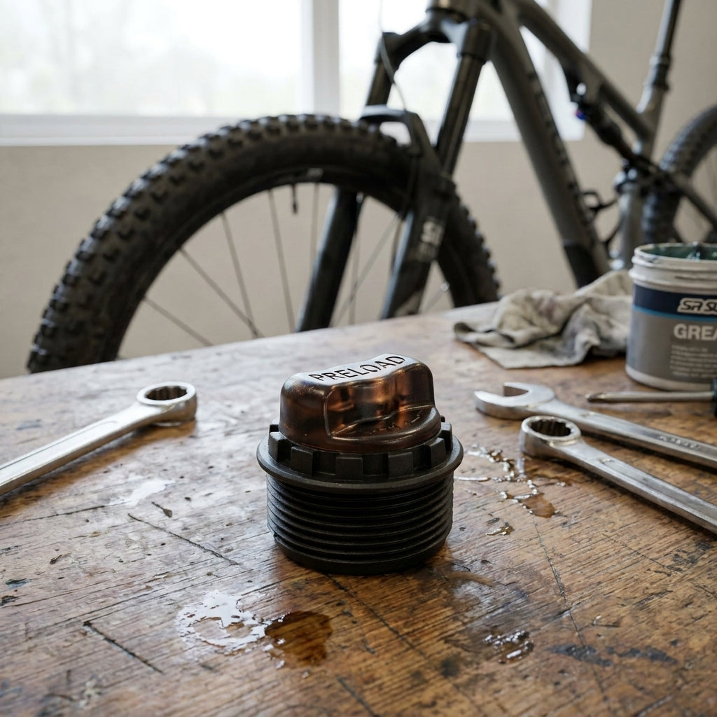 SR Federgabel Vorspannknopf SF14 XCR-32 auf Werkbank mit Bike im Hintergrund, für Fahrradwartung.