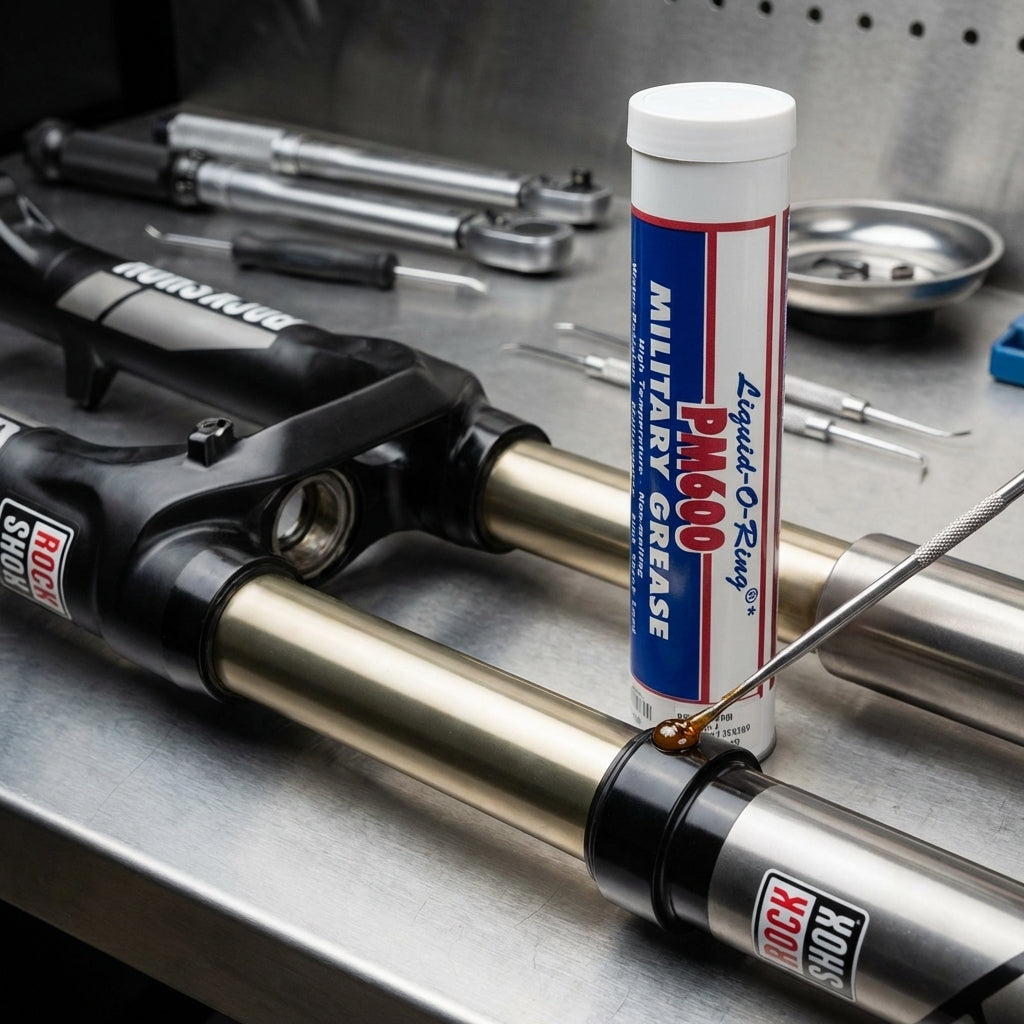 RockShox PM600 Military Grease Spezialfett für Luftkammerdichtungen wird auf eine Federgabel aufgetragen.